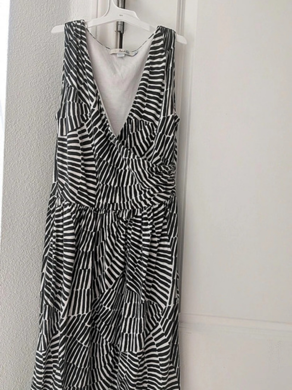Boden Black White Abstract Stripe Wrap Dress US 4 UK 8 Ruched Midi